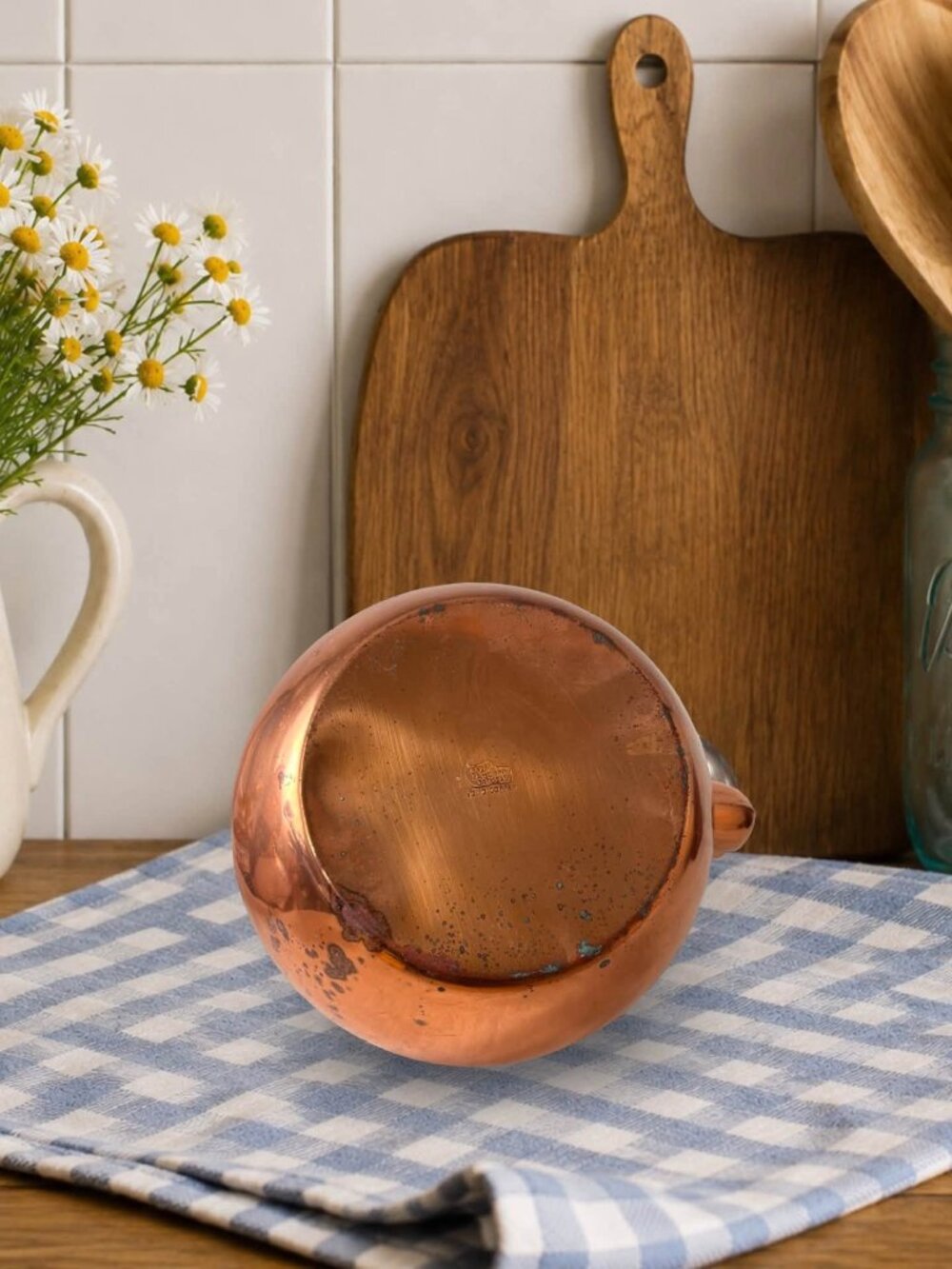 Vintage ODI Solid Copper Tea Kettle Portugal Blue White Porcelain Handle Cottage - Picture 3 of 10